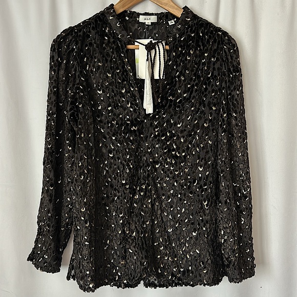 A.L.C. Tops - A.L.C. NWT Black/Gold Cheetah Print Long Sleeve Tie Blouse Shirt Top **Sz 4**